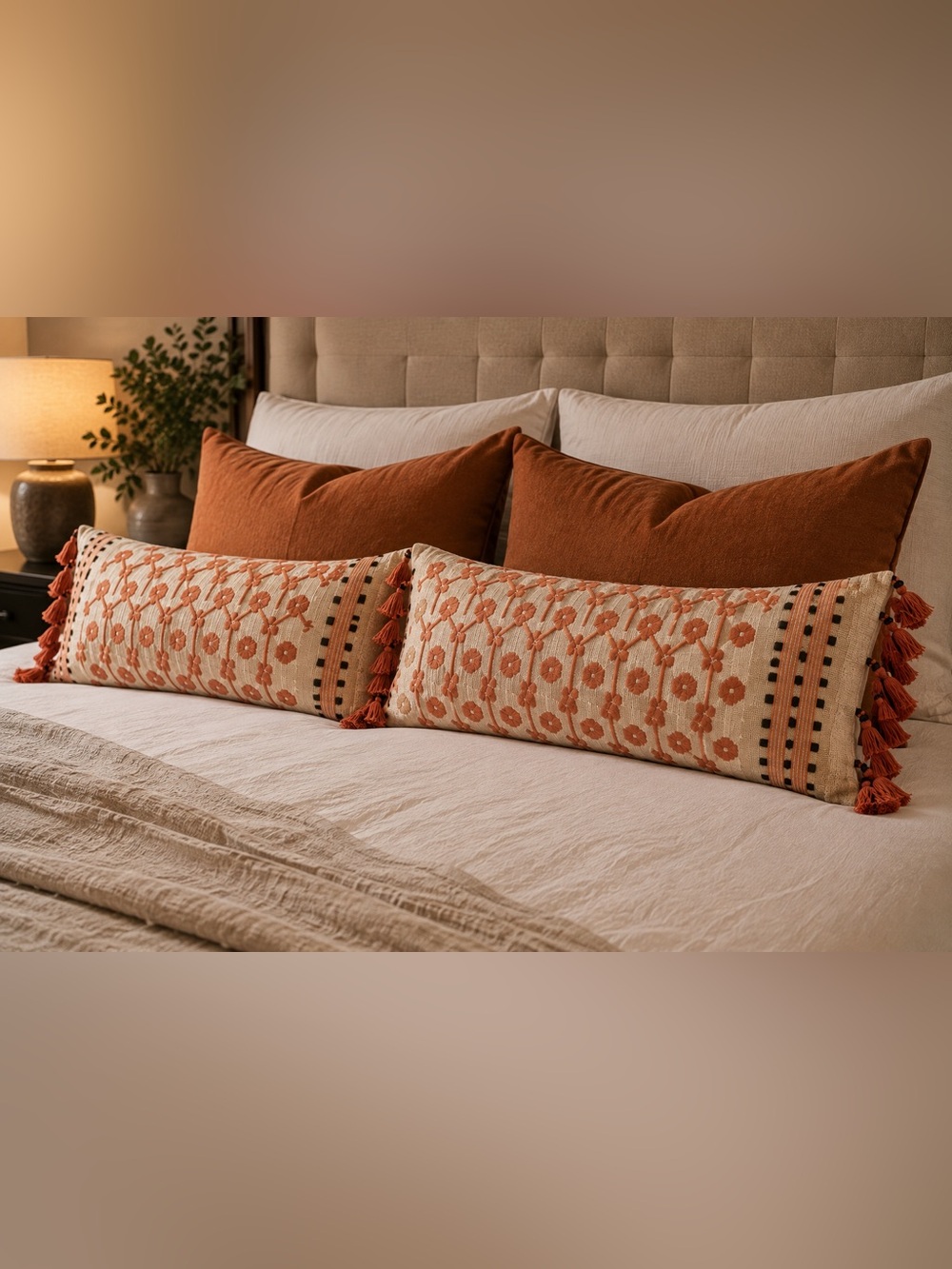 West Elm Set of 2 Embroidered Tassel Lumbar Pillow Covers 14x36 Terracotta